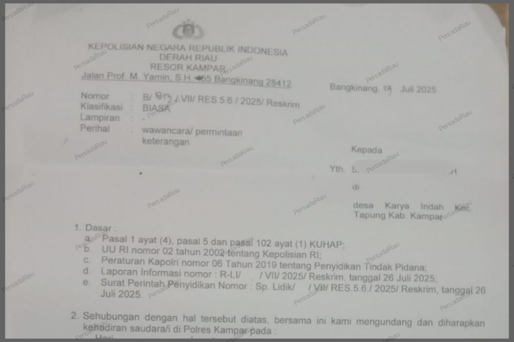 SM disurati Polres Kampar untuk memberikan keterangan