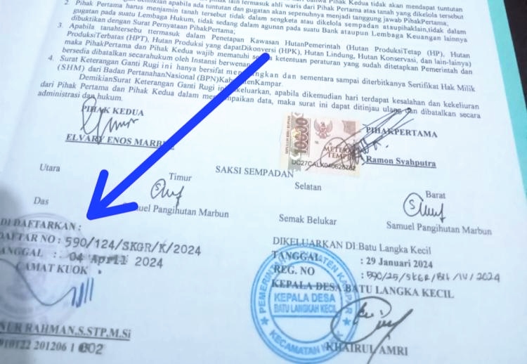 SKGR lahan yang diterbitkan pemerintah kecamatan kuok, kampar