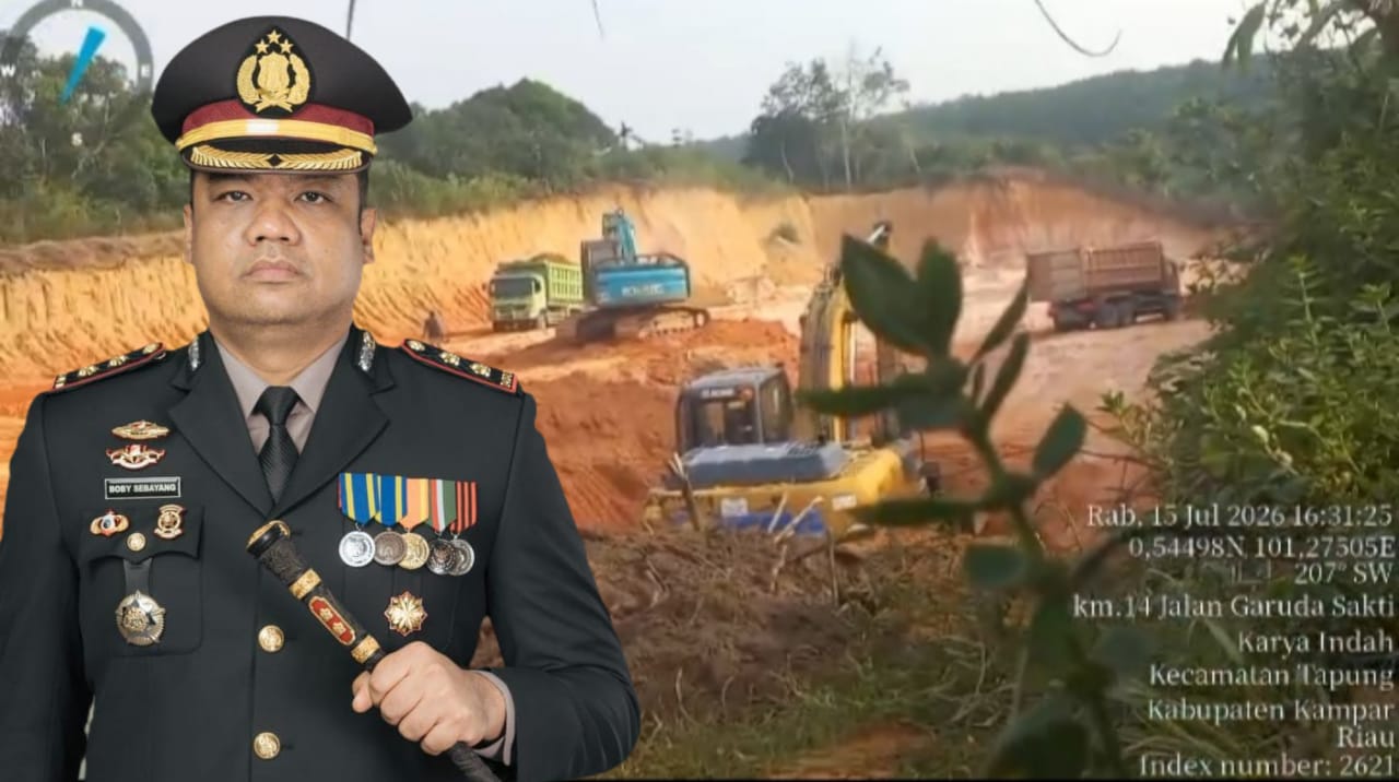Kapolres Kampar AKBP Boby Putra Ramadhan berlatar gambar lokasi tambang galian C tanpa izin